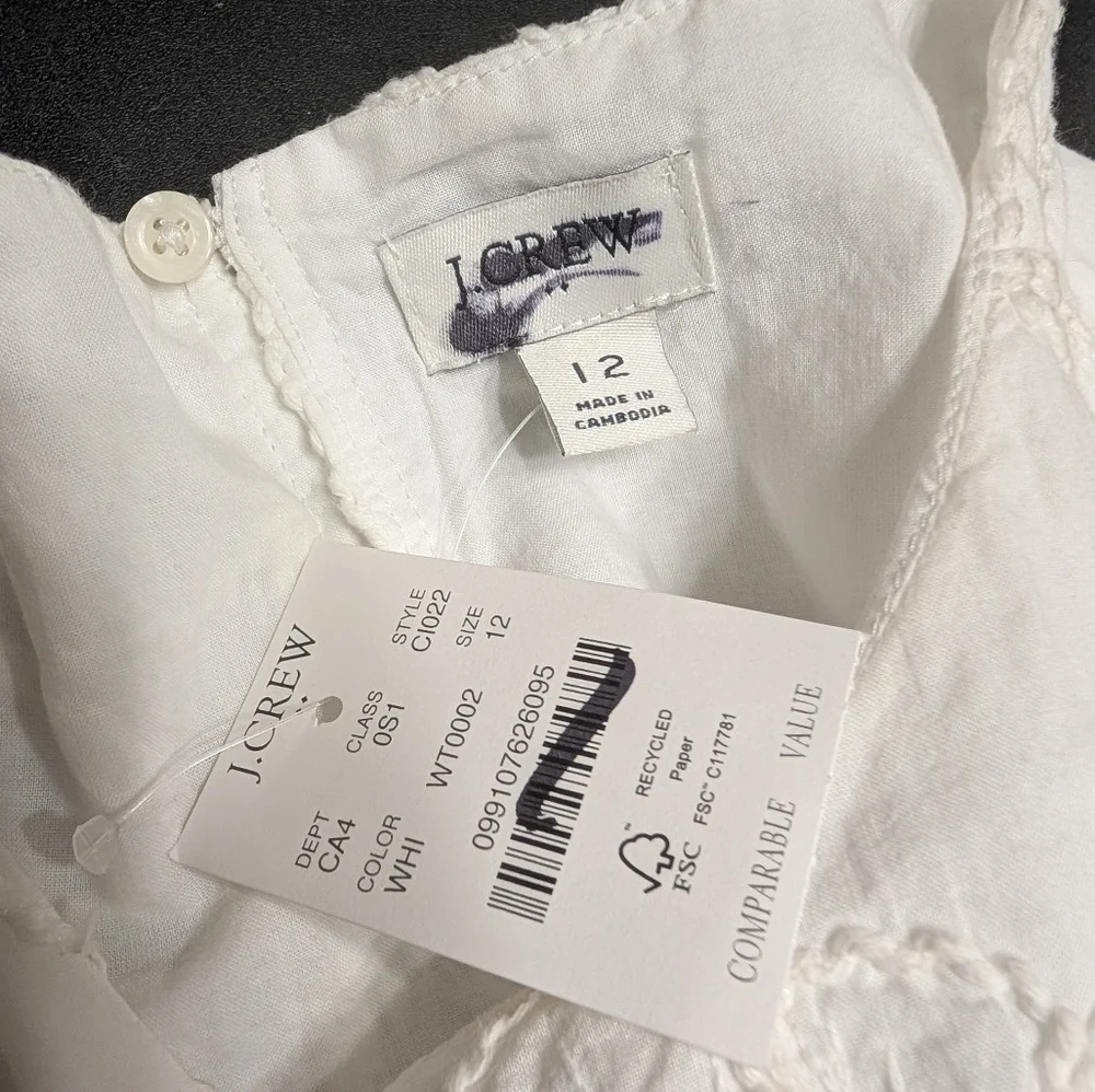 J.Crew Factory White Eyelet Puff Sleeve Floral Embroidered Mini Dress Pockets 12